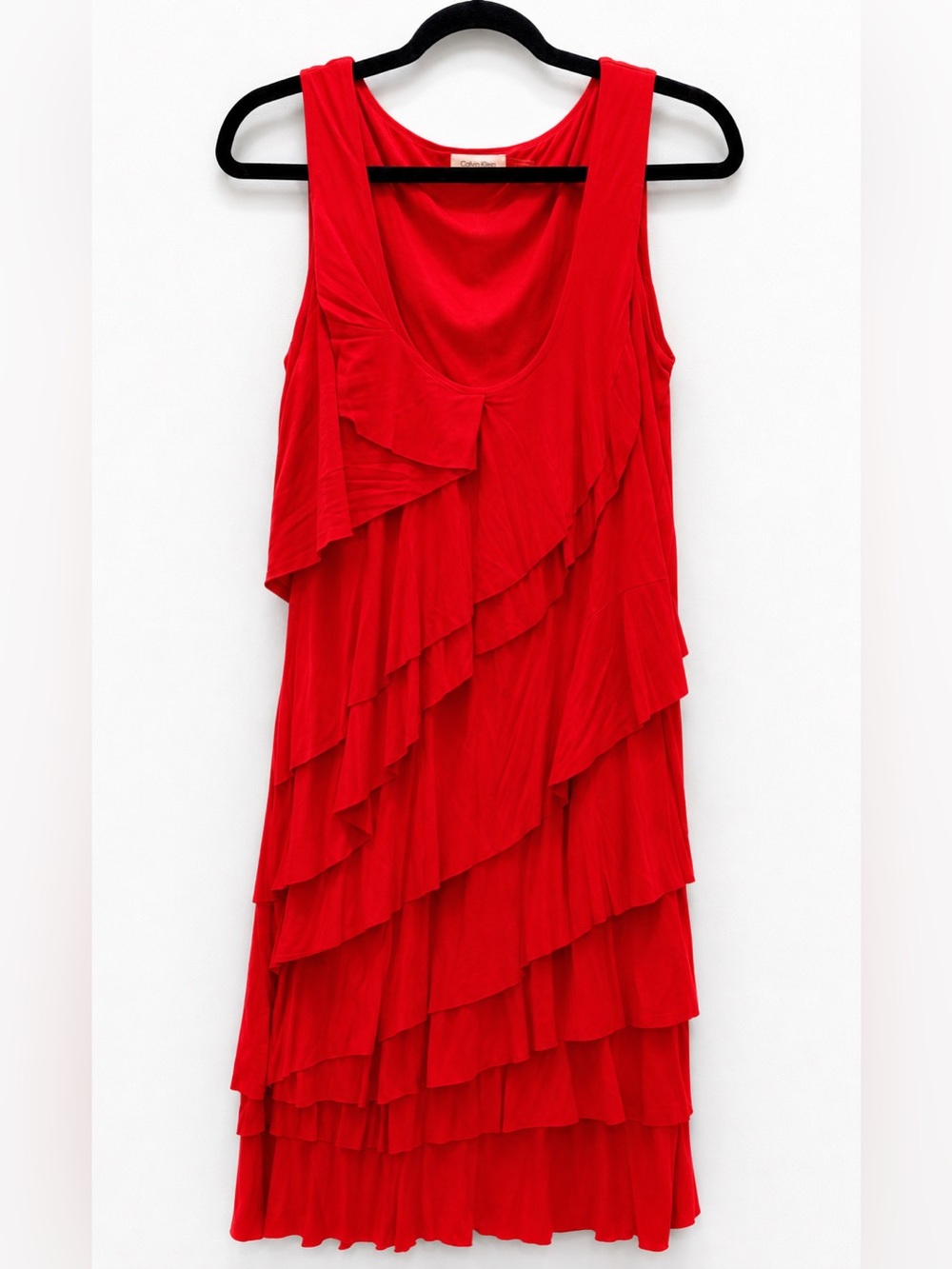 Calvin Klein Y2K Red Tiered Ruffle Dress Sleeveless Size 6